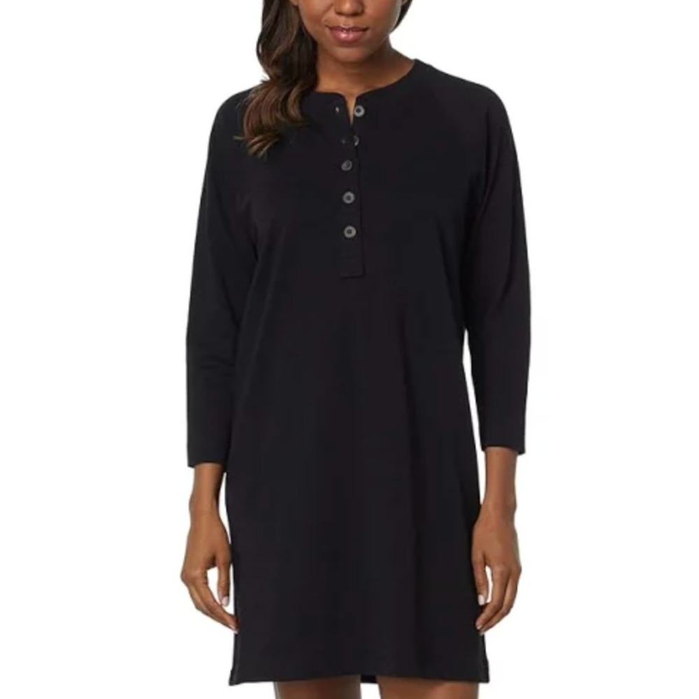 Lilla P Black Cotton Henley Dress 3/4 Sleeve Raglan Slub Jersey‎ Small Peru NWOT